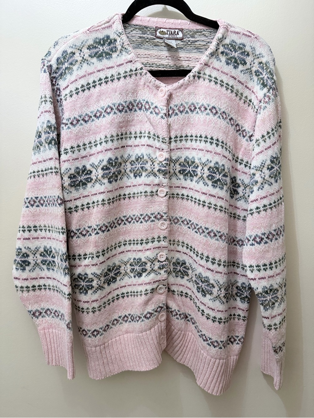 Vintage Tiara International Pink Nordic Fair Aisle Cardigan Knit Sweater 14/16